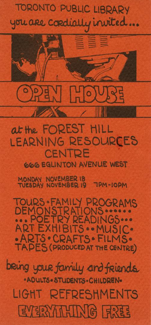 Orange coloured flyer invitation to open house. 