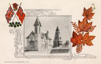 Picture of library building and town hall set in decorative frame with flags on left and maple …