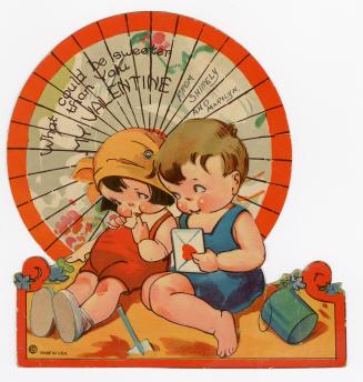 A mechanical card.A boy and girl sit on the beach. The boy's arm is around the girl and he hold ...