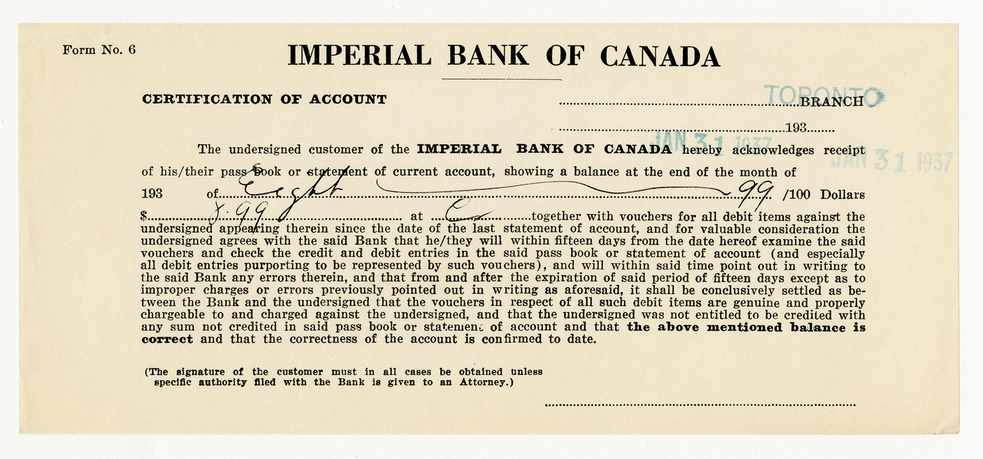 Imperial Bank of Canada certification of account