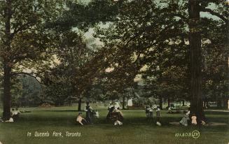 Colorized photograph of people doing recreationally things in a wooded area.