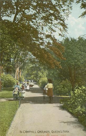 Colorized photograph of people bicycling on a path in a wooded area.