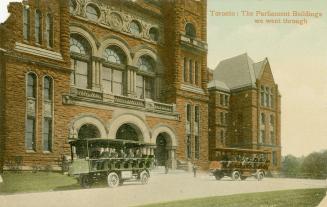 Colorized photograph of two tour buses in front a a Richardsonian Romanesque building.