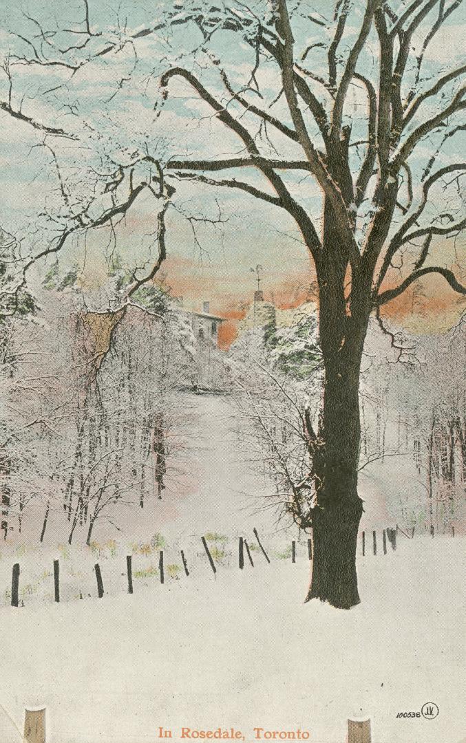 Colorized photograph of a wooded area covered in snow.