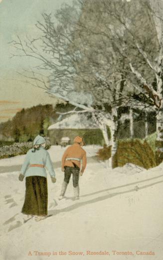 Colorized photograph of two pole snowshoeing in a wooded area,