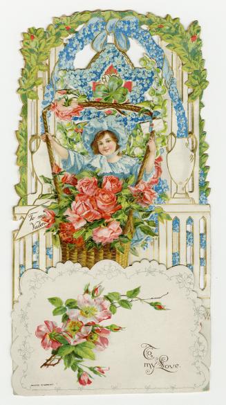 A pop-up card with three layers.Foreground: A girl with a large basket of roses.Midground: A de ...