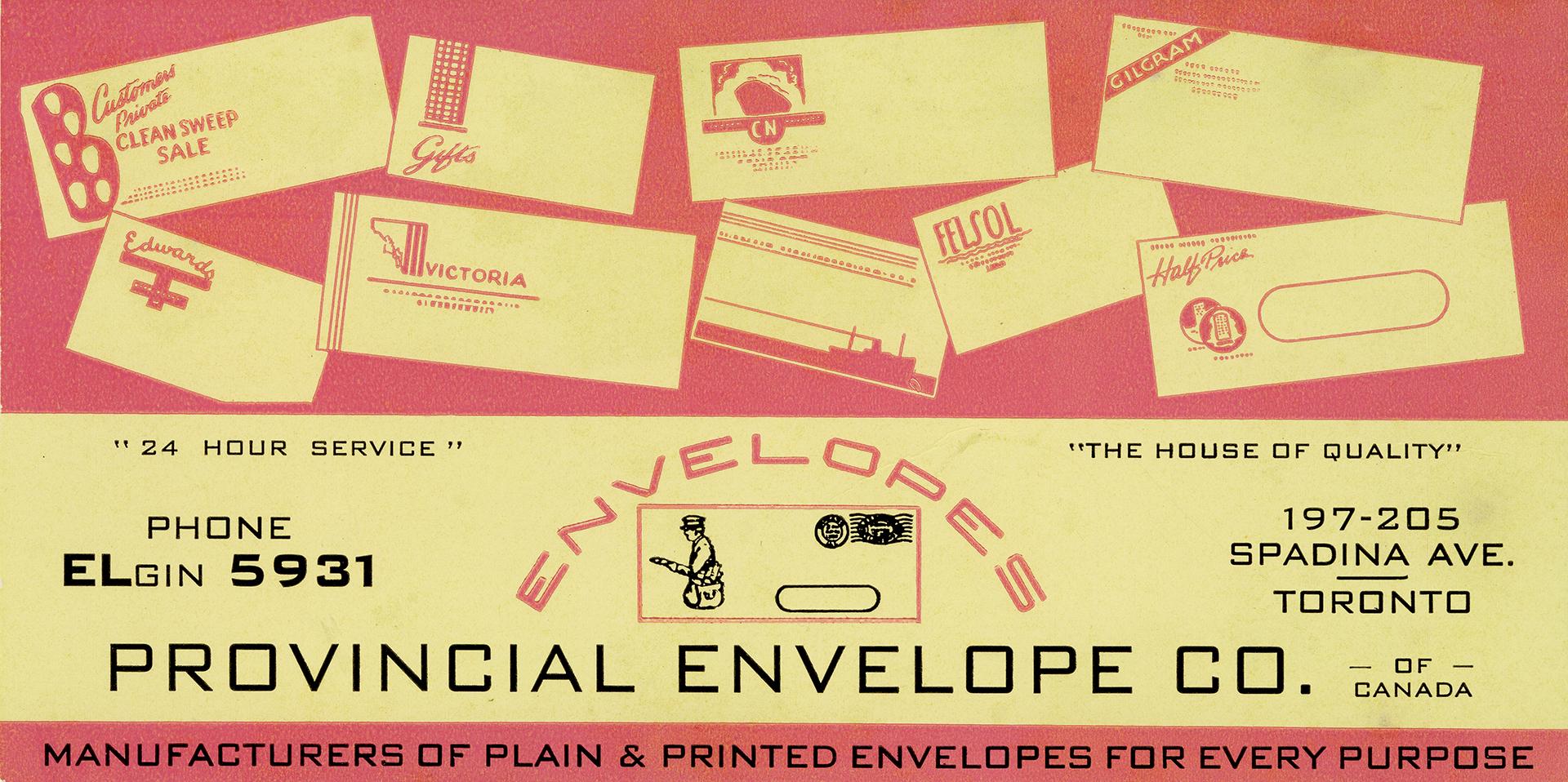 Illustrations of various envelopes with logos printed on them. 