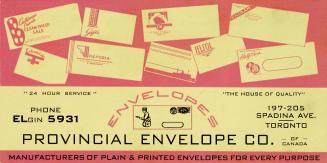 Illustrations of various envelopes with logos printed on them. 