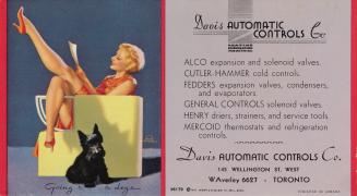 Pin-up girl with blond short hair is sitting in a yellow club style chair. She has one leg drap…