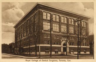 Sepia-toned postcard depicting the exterior view of a building, at the corner of Huron and Coll ...