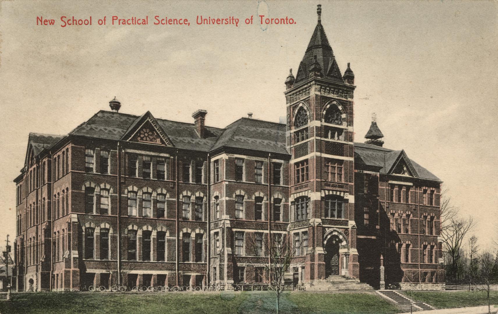 Colour postcard depicting the back exterior of a building, looking west at the building. The ca ...