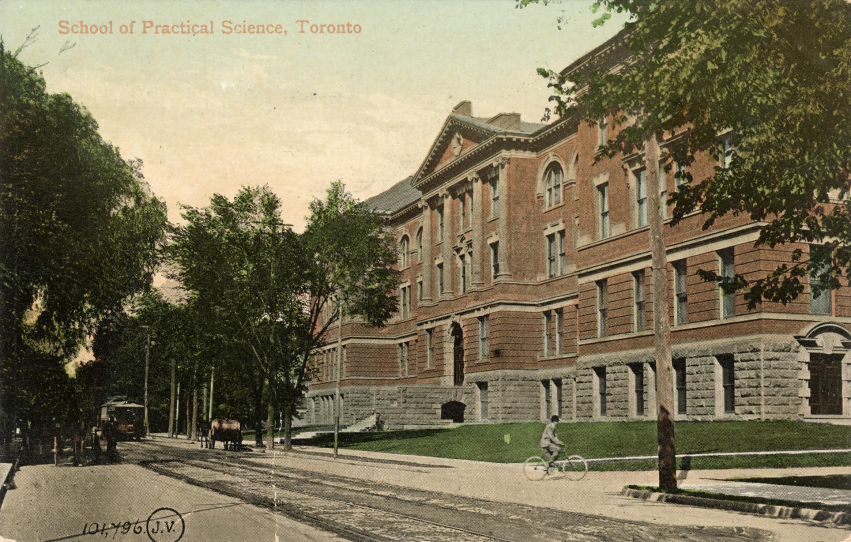 Colour postcard depicting the exterior frontage of a building, looking east at the building fro ...