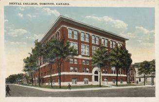 Colour postcard depicting the exterior view of a building, just east of Spadina Road. The capti ...