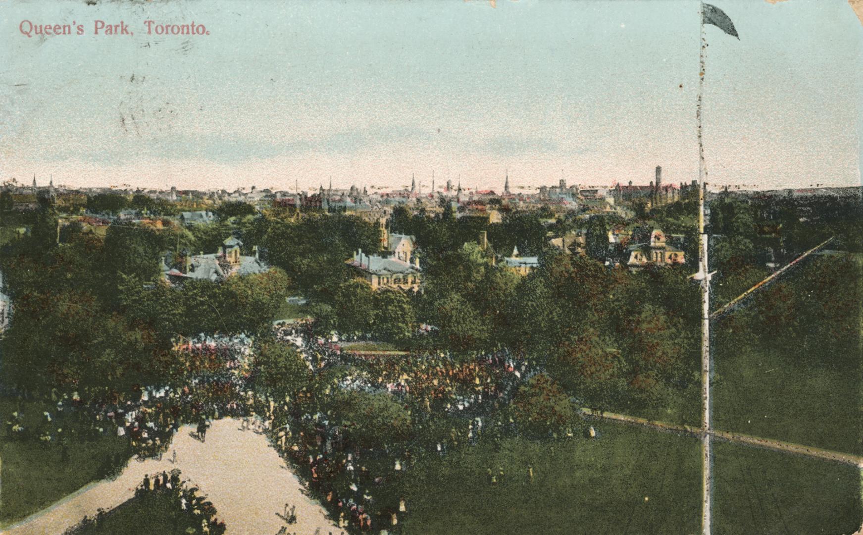 Colorized photograph of a crown in a wooded area taken from high up. Sparkles have been glued t ...