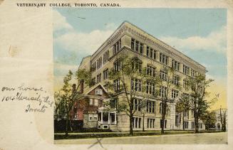 Colour postcard with an inset illustration of a 5-story building with a house directly next to  ...