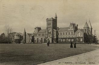 Black and white photo postcard depicting the south-facing exterior of Hart House at the Univers ...