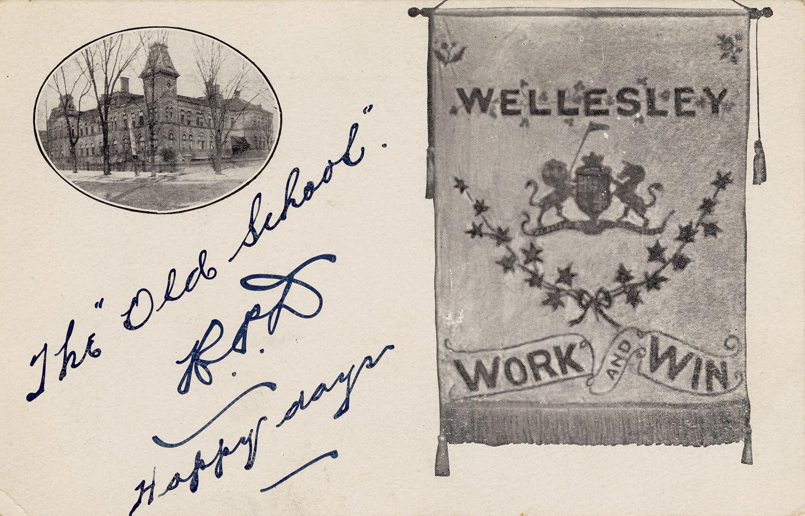 Black and white photograph of a large collegiate building. Banner saying "Work and Win" in the  ...