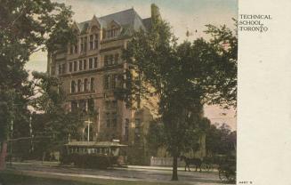 Colorized photograph of a large building with turrets.