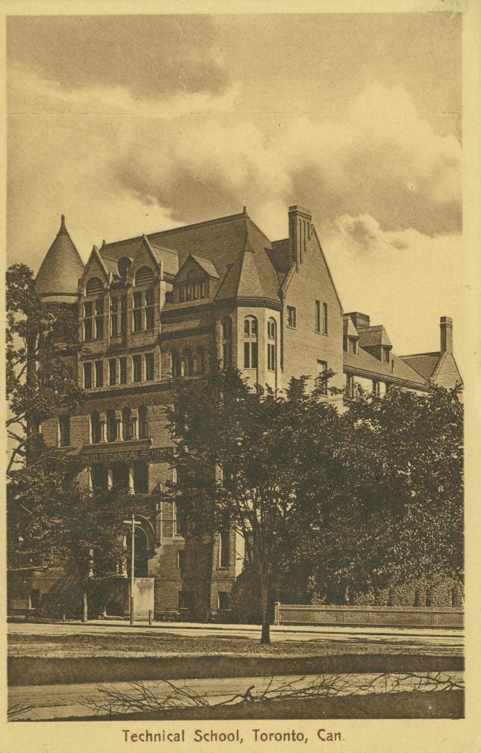 Sepia toned photograph of a large building with turrets