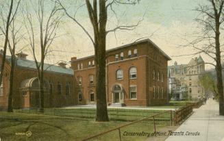 Colorized photograph of a three story collegiate building.