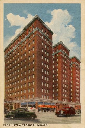 Colorized photograph of a very large, three tiered commercial building.