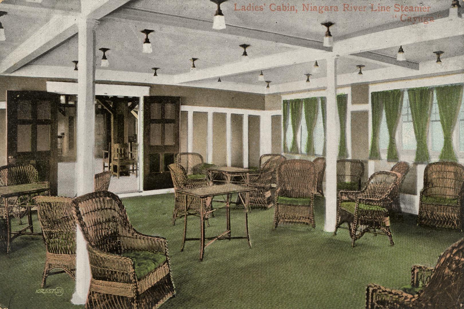 Colorized photograph of brown wicker chairs in a lounge area.