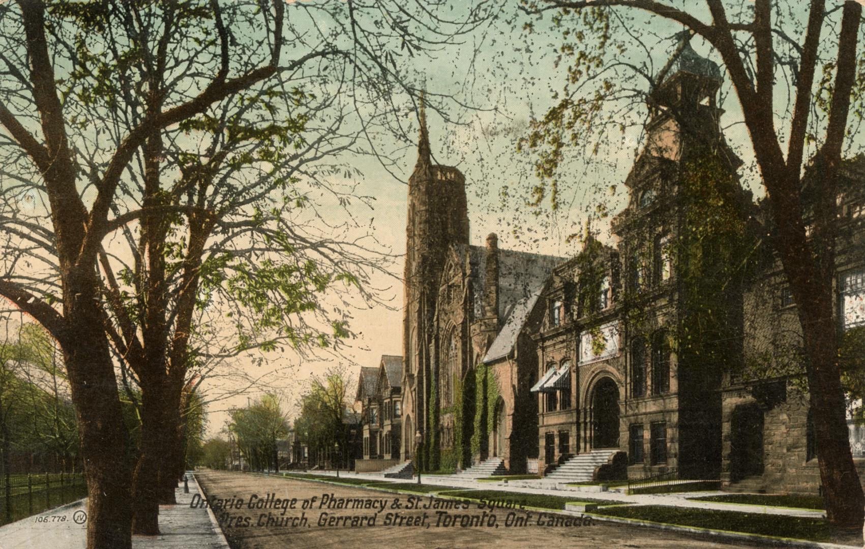 Colorized photograph of a large, Victorian, collegiate building with a turret. Church is in the ...