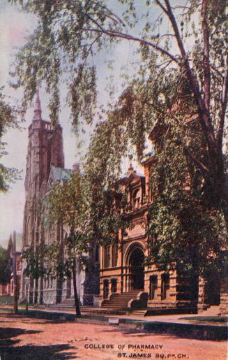 Colorized photograph of a large, Victorian, collegiate building with a turret. Church is in the…
