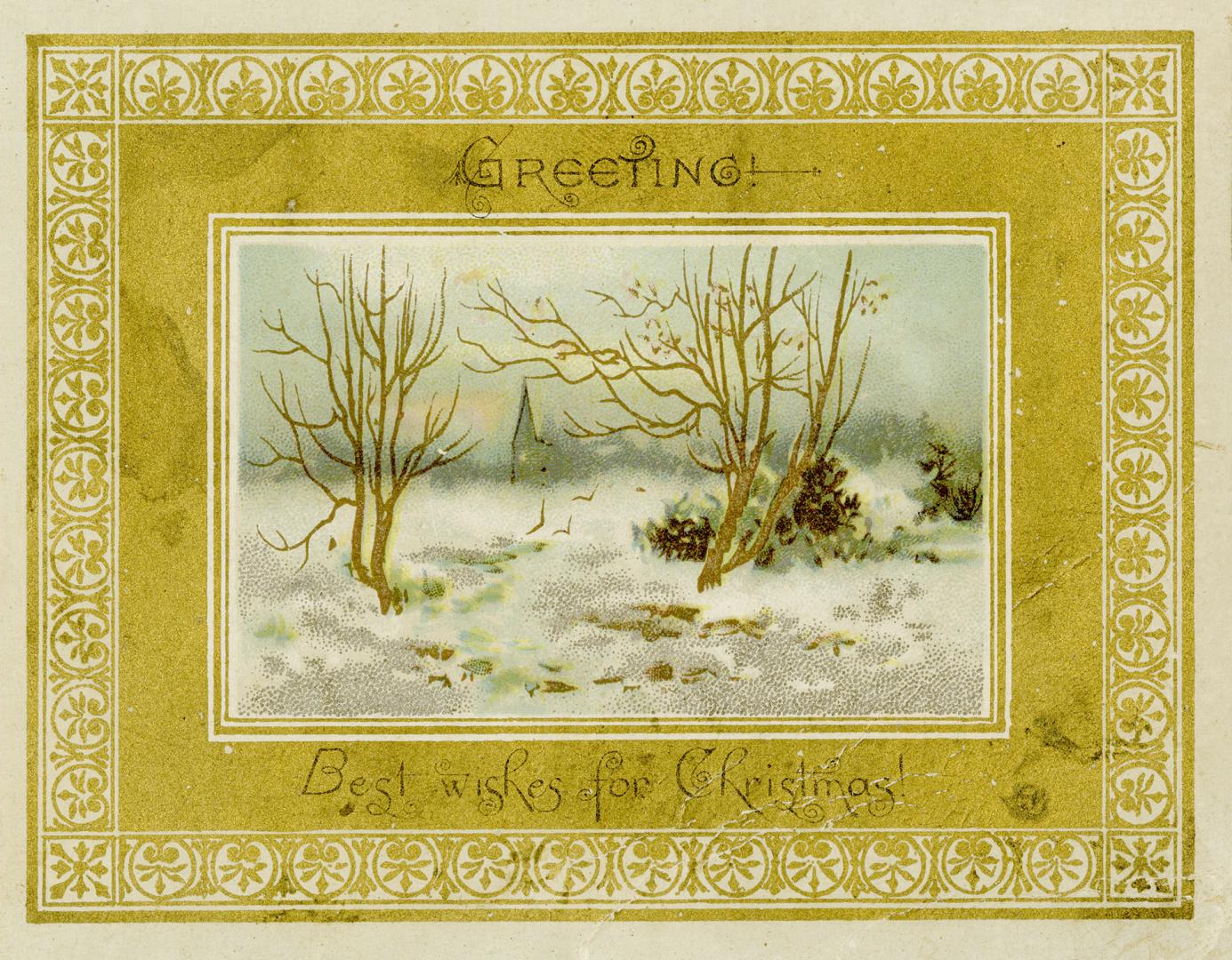 A wintery scene is depicted with snow, bushes, two bare trees, and the silhouettes of buildings ...