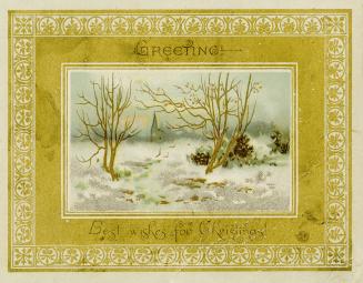 A wintery scene is depicted with snow, bushes, two bare trees, and the silhouettes of buildings ...