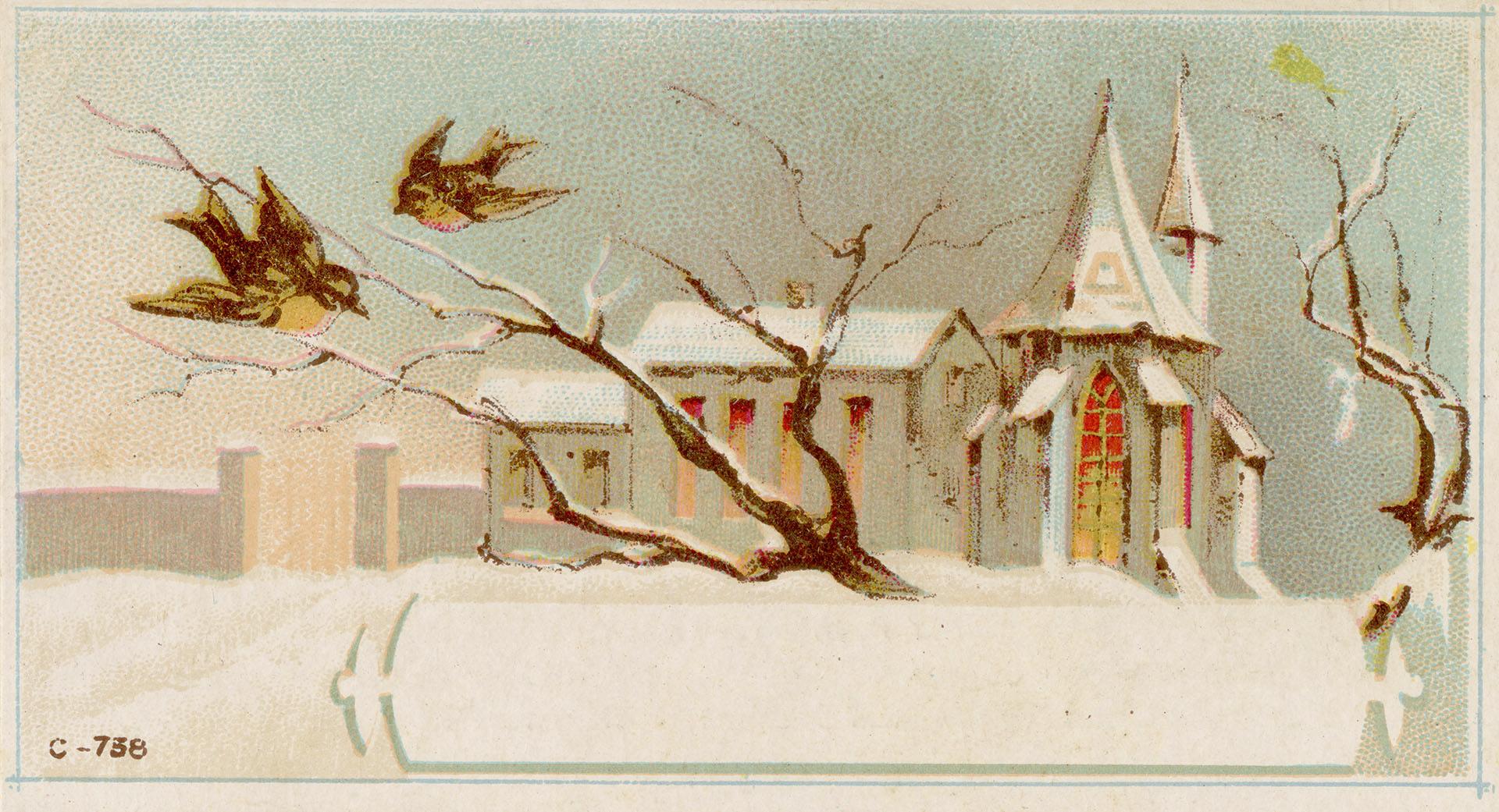 A snowy scene is shown with a church in the background. In the foreground two birds perch in a  ...