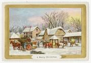 A winter scene depicts a snowy village with a horse drawn cart, cows eating and people going ab ...