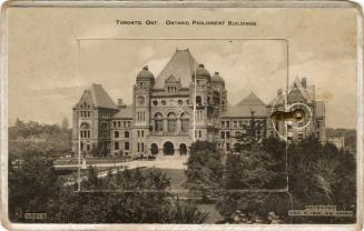 Sepia-toned photo postcard containing an inset photo montage of various Toronto buildings and a ...