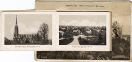 Sepia-toned photo postcard containing an inset photo montage of various Toronto buildings and a ...