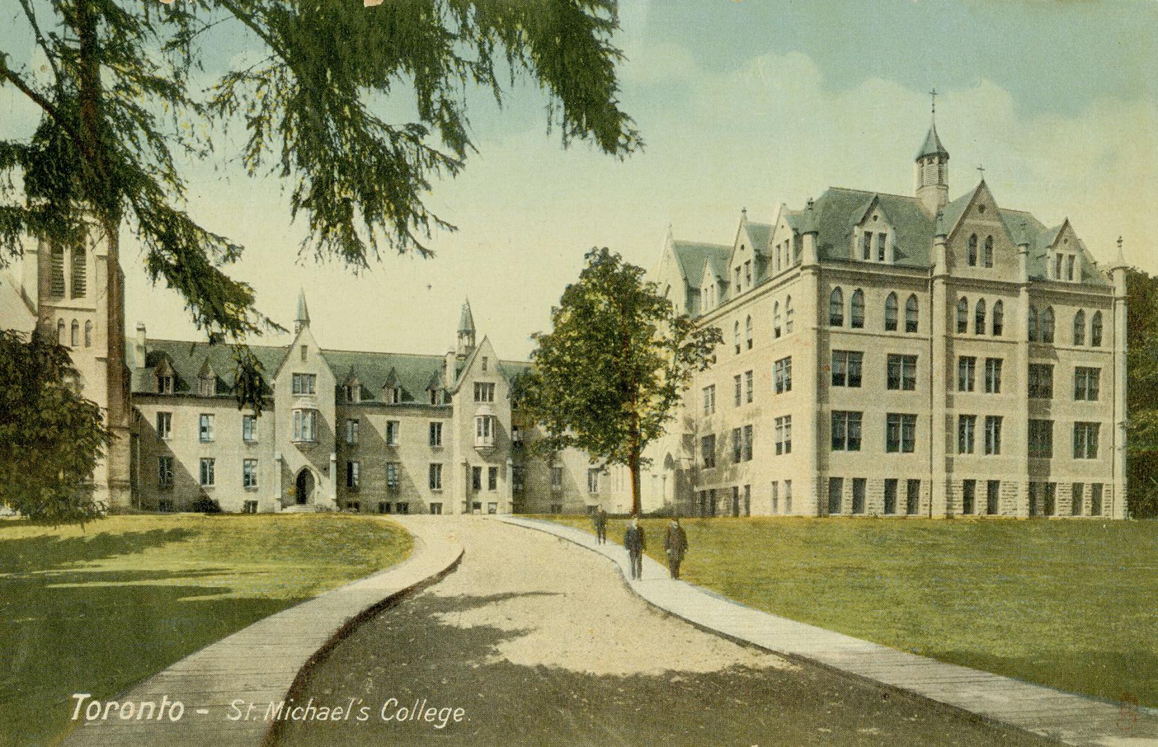 Colorized photograph of a huge collegiate gothic complex surrounded by trees.