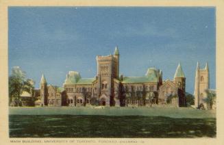 Colorized photograph of a huge, Romanesque Revival style building.