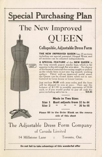 2 sided printed advertisement with black and white text and an illustration of a dress form - s…