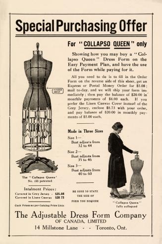 2 sided printed advertisement with black and white text and illustrations of dress forms - side…