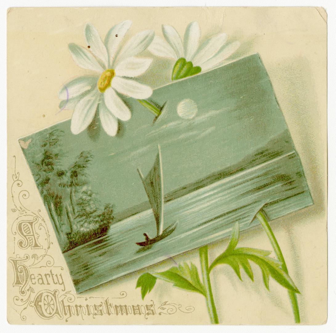 A beige card adorned with two daisies and a blue-grey image of a boat at the centre. A single p ...