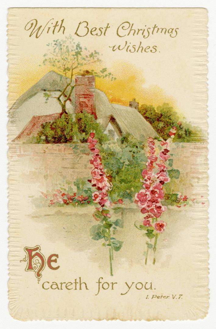 A card with pink flowers in the foreground and a country house and trees nestled behind an ivy  ...