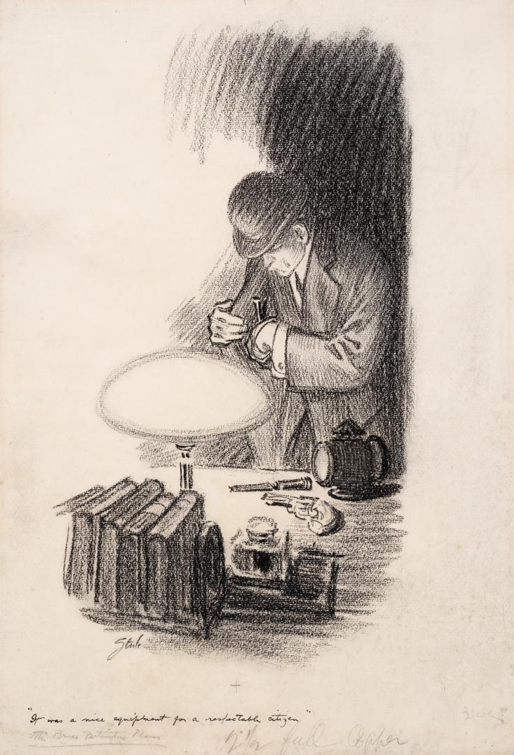 Drawing of a man wearing a suit and hat, standing behind a desk. He is reaching into his jacket…