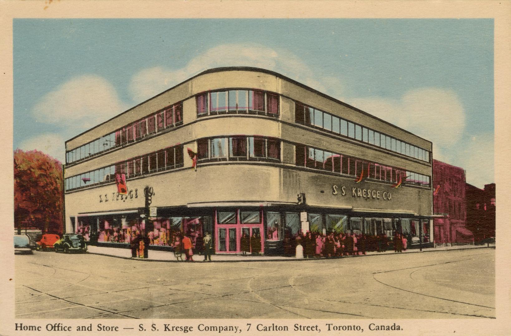 Colorized photograph of a three story retail building.