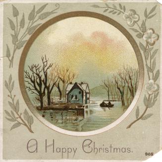 The card depicts a house on a river in the winter. Barren trees are visible along with the silh ...