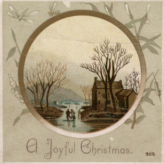 At the centre of the card is a circular image. It shows a rural house situated on a frozen rive ...