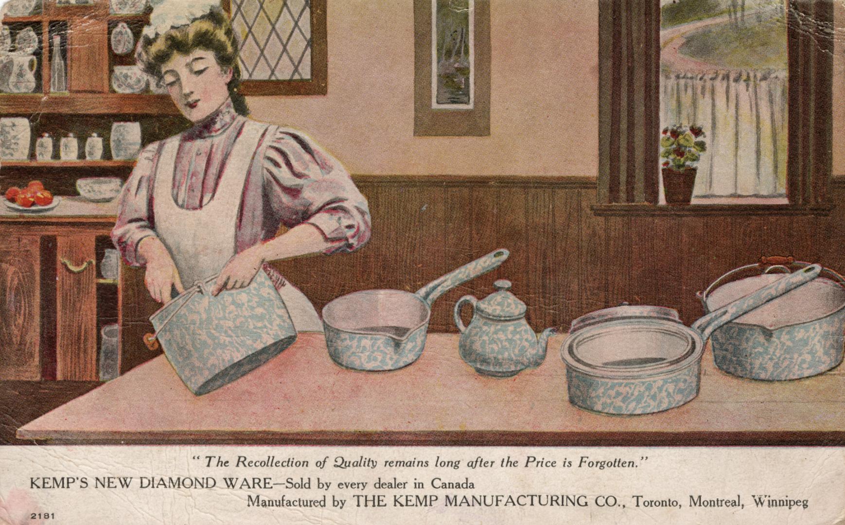 Color drawing of a woman in a kitchen using a variety of enamel pots and pans.