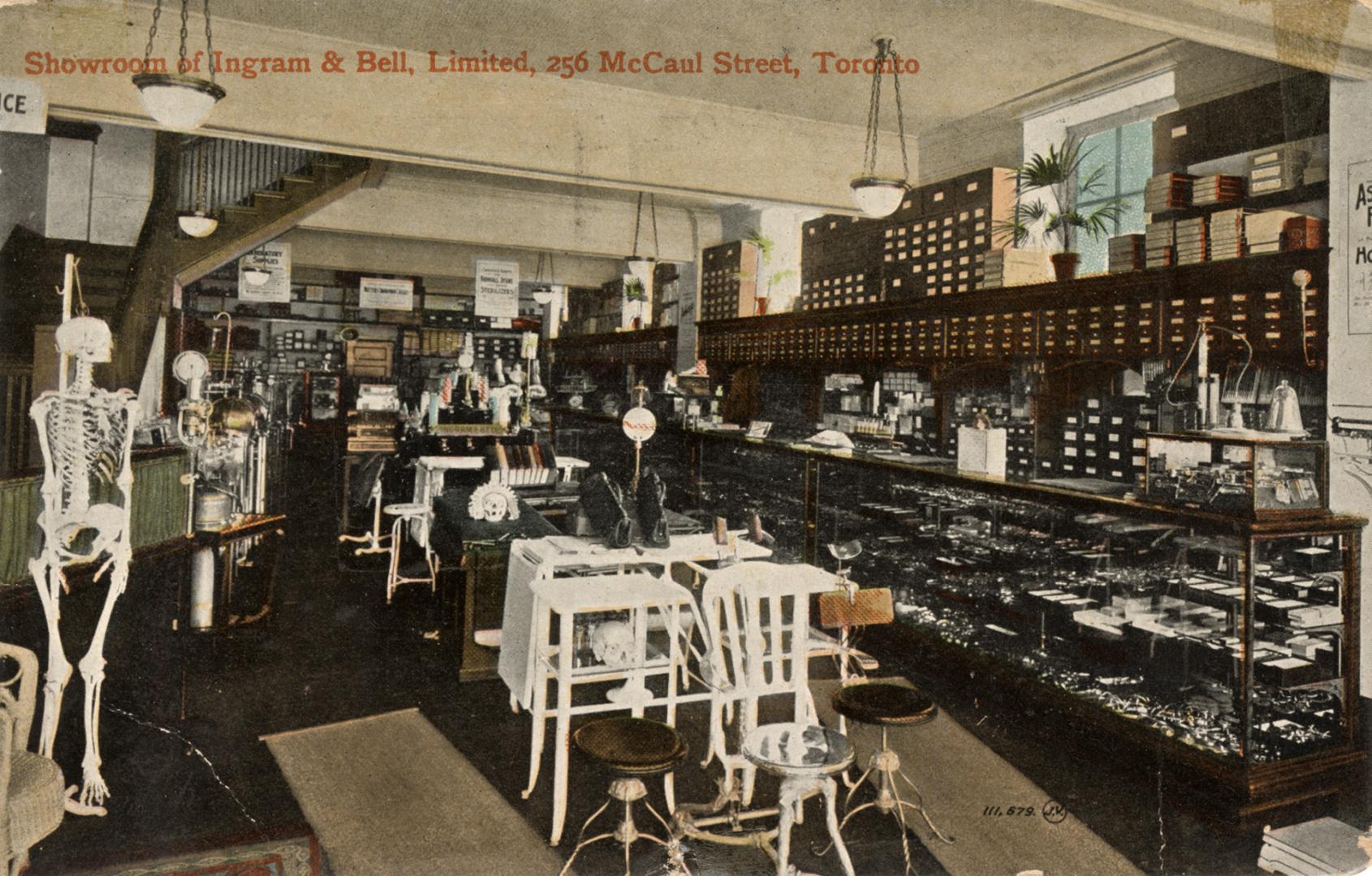 Colorized photograph of the inside of a store selling medical supplies.