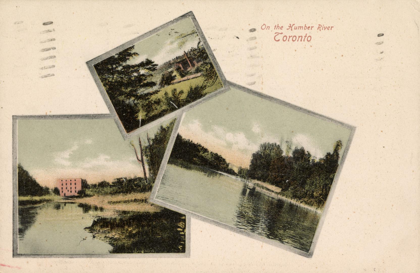 Three colorized photographs of a river with a boat on it and beside a square, stone building.