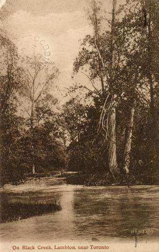 Sepia tone photograph of a river running through a wooded area.