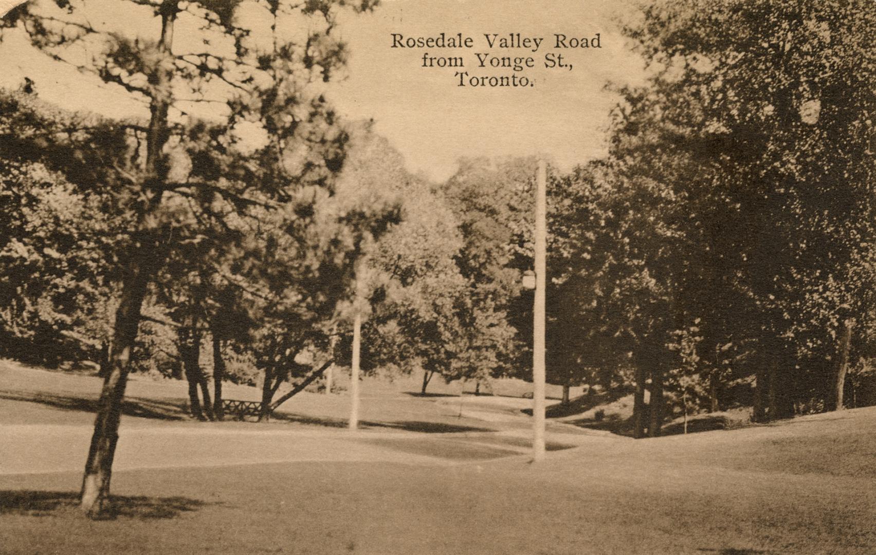 Black and white photograph of a road running through a manicured park.