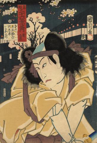 Japanese print of actor Kawarazaki Sansho as Tamagawa-ya Sukeroku searching the pleasure distri ...